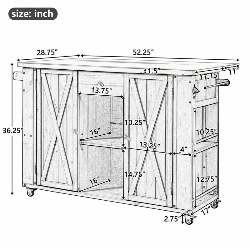 Îlot de cuisine d’extérieur de 52.25 avec plateau en acier inoxydable, vaste espace de rangement, porte-serviettes, porte-épices et décapsuleur