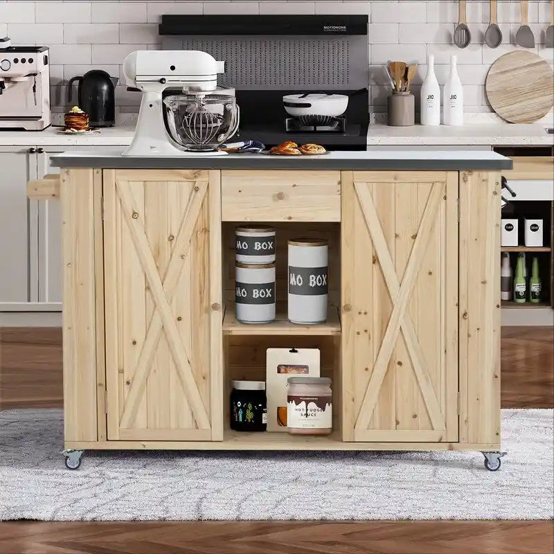 Îlot de cuisine d’extérieur de 52.25 avec plateau en acier inoxydable, vaste espace de rangement, porte-serviettes, porte-épices et décapsuleur