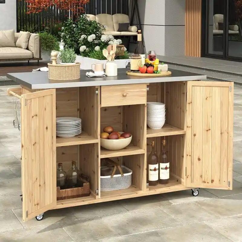 Îlot de cuisine d’extérieur de 52.25 avec plateau en acier inoxydable, vaste espace de rangement, porte-serviettes, porte-épices et décapsuleur