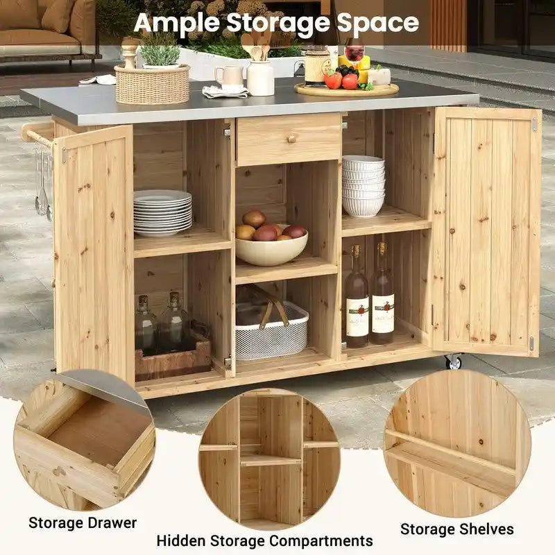 Îlot de cuisine d’extérieur de 52.25 avec plateau en acier inoxydable, vaste espace de rangement, porte-serviettes, porte-épices et décapsuleur