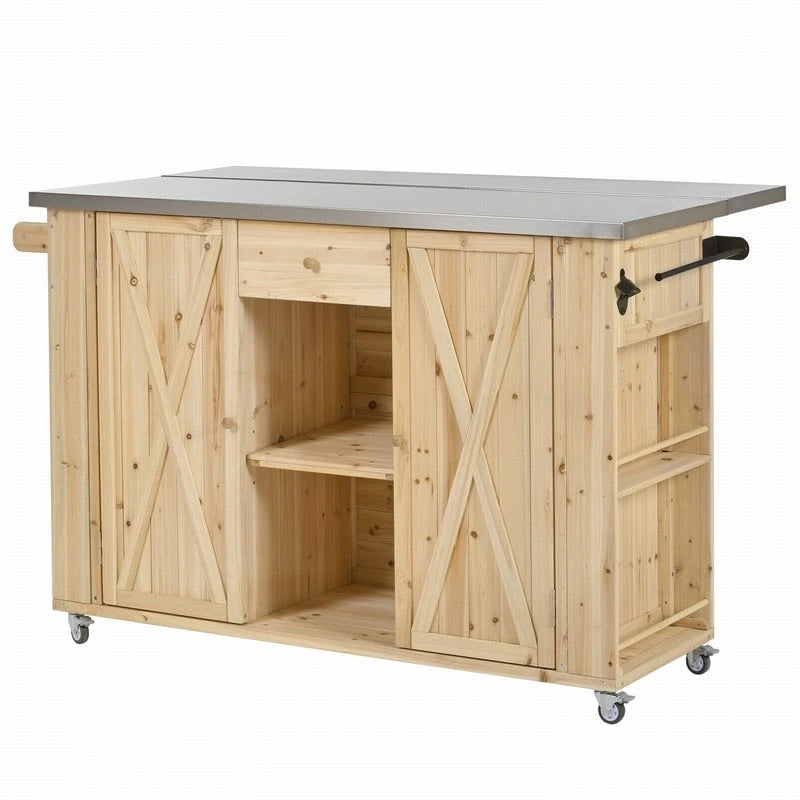 Îlot de cuisine d’extérieur de 52.25 avec plateau en acier inoxydable, vaste espace de rangement, porte-serviettes, porte-épices et décapsuleur