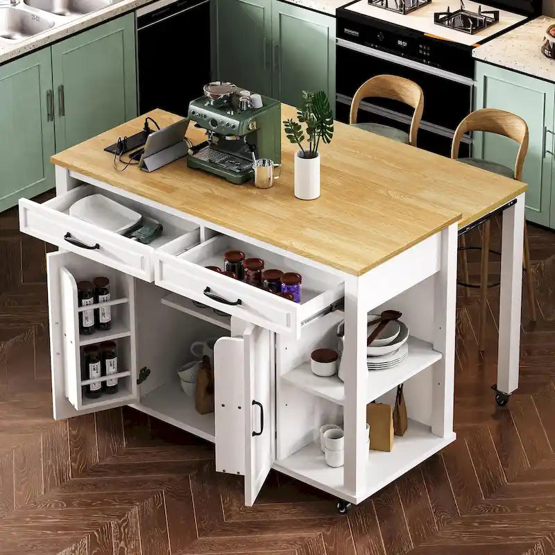 Isla de cocina extensible con ruedas, carrito móvil de cocina, armario bar con estante interior de almacenamiento, 2 cajones y 2 armarios
