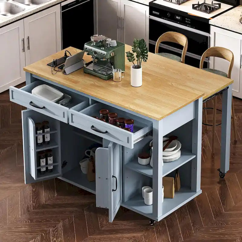 Isla de cocina extensible con ruedas, carrito móvil de cocina, armario bar con estante interior de almacenamiento, 2 cajones y 2 armarios
