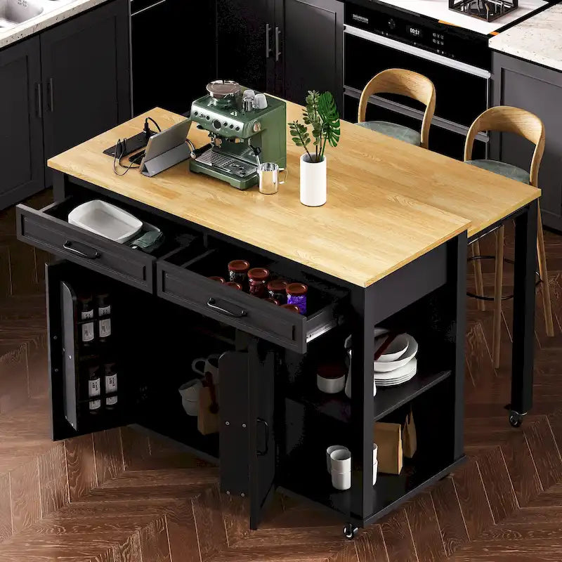 Isla de cocina extensible con ruedas, carrito móvil de cocina, armario bar con estante interior de almacenamiento, 2 cajones y 2 armarios