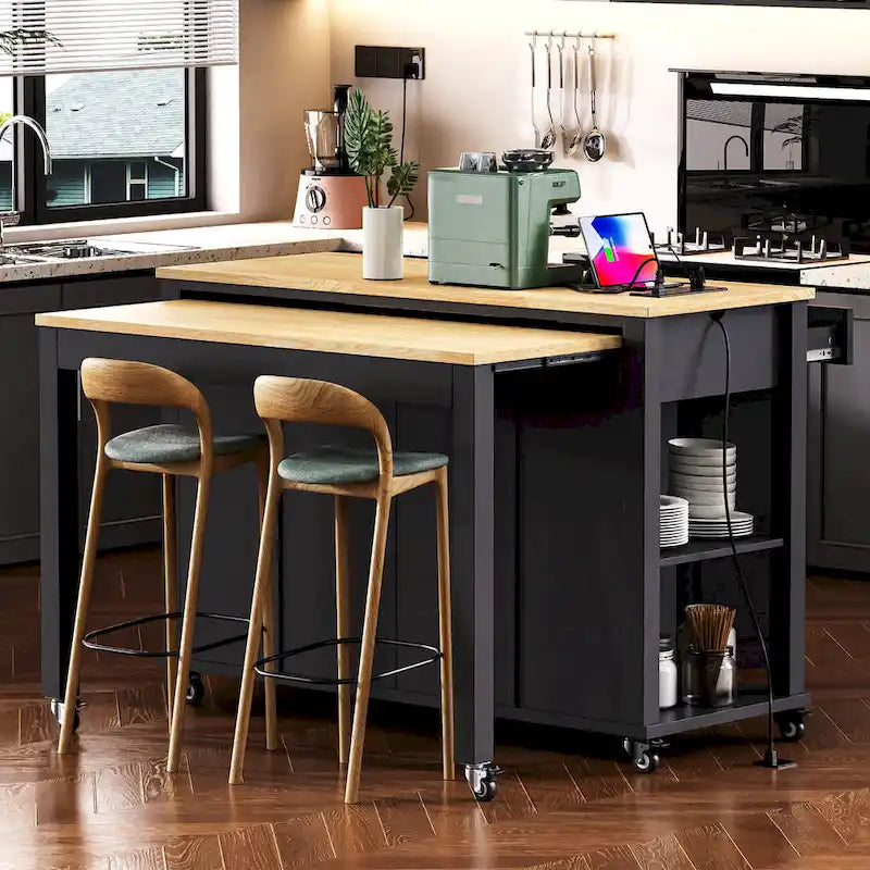 Isla de cocina extensible con ruedas, carrito móvil de cocina, armario bar con estante interior de almacenamiento, 2 cajones y 2 armarios
