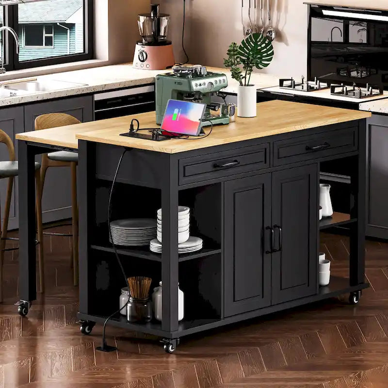Isla de cocina extensible con ruedas, carrito móvil de cocina, armario bar con estante interior de almacenamiento, 2 cajones y 2 armarios