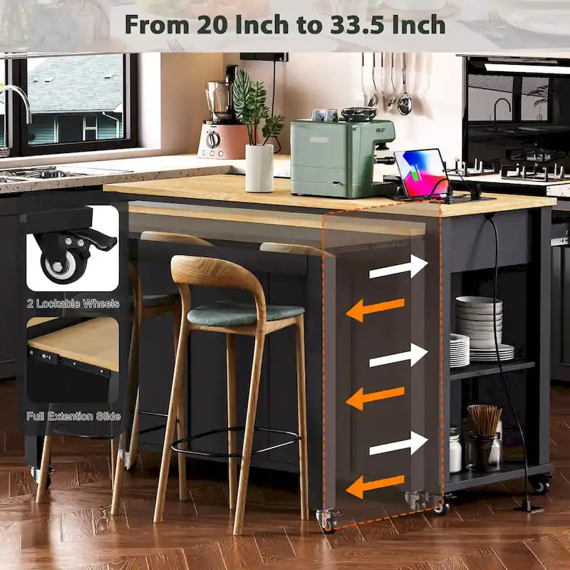 Îlot de cuisine extensible à roulettes, desserte mobile de cuisine, meuble-bar avec rangement intérieur, 2 tiroirs et 2 placards