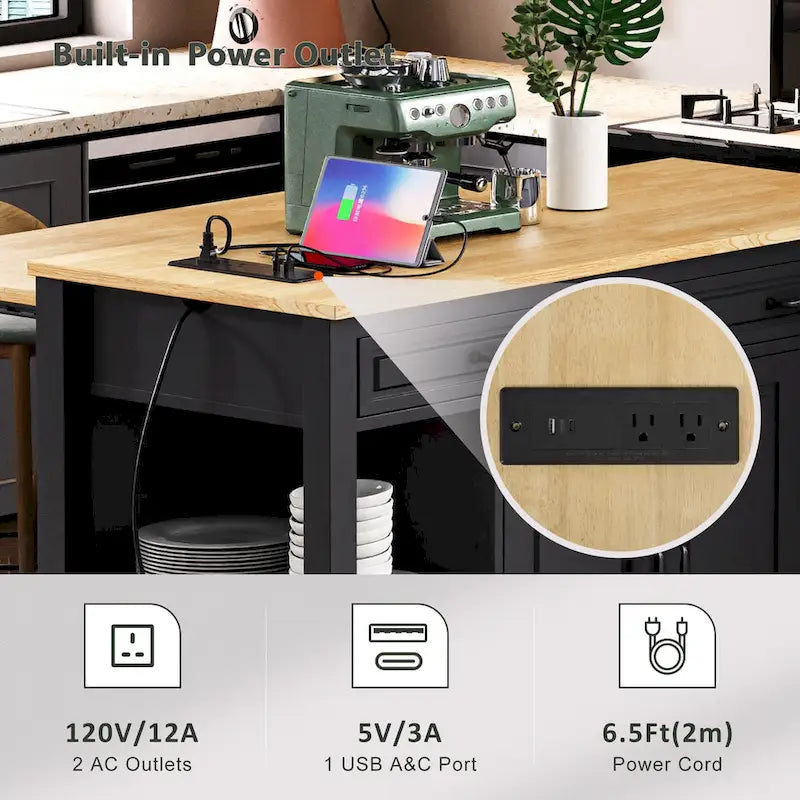 Isla de cocina extensible con ruedas, carrito móvil de cocina, armario bar con estante interior de almacenamiento, 2 cajones y 2 armarios