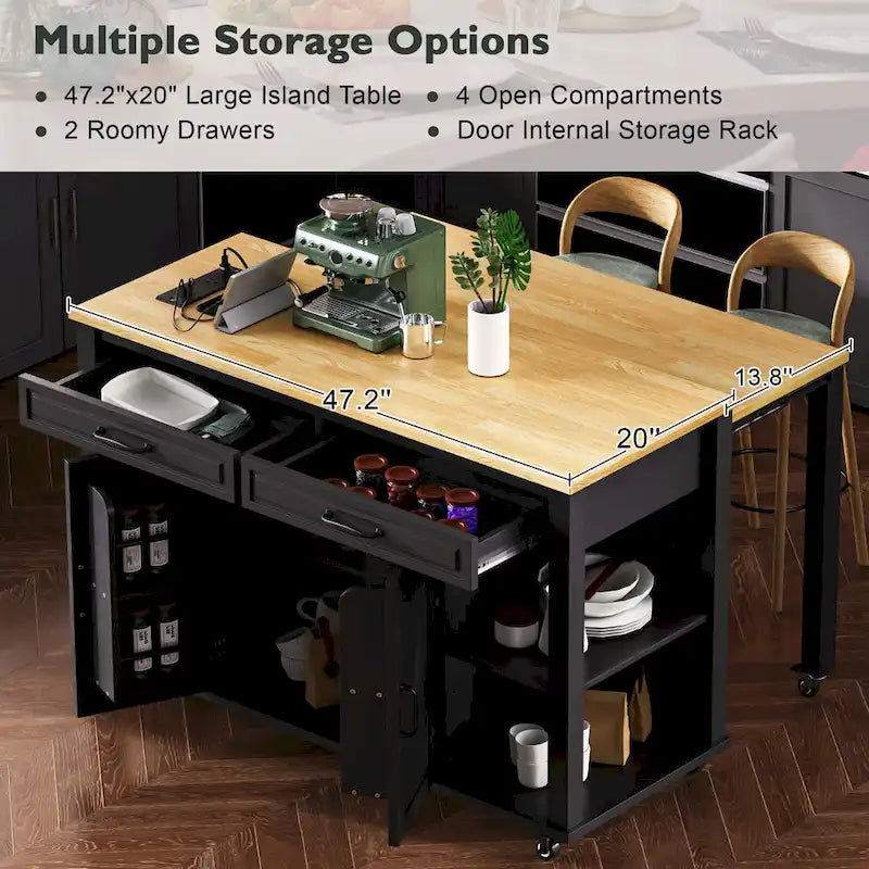 Îlot de cuisine extensible à roulettes, desserte mobile de cuisine, meuble-bar avec rangement intérieur, 2 tiroirs et 2 placards