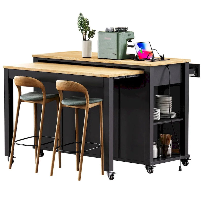 Îlot de cuisine extensible à roulettes, desserte mobile de cuisine, meuble-bar avec rangement intérieur, 2 tiroirs et 2 placards