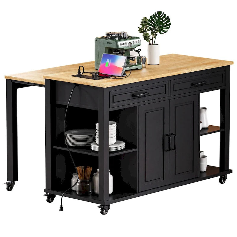Îlot de cuisine extensible à roulettes, desserte mobile de cuisine, meuble-bar avec rangement intérieur, 2 tiroirs et 2 placards