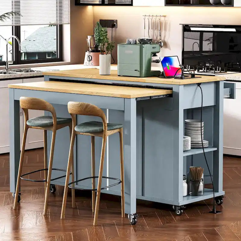 Îlot de cuisine extensible à roulettes, desserte mobile de cuisine, meuble-bar avec rangement intérieur, 2 tiroirs et 2 placards