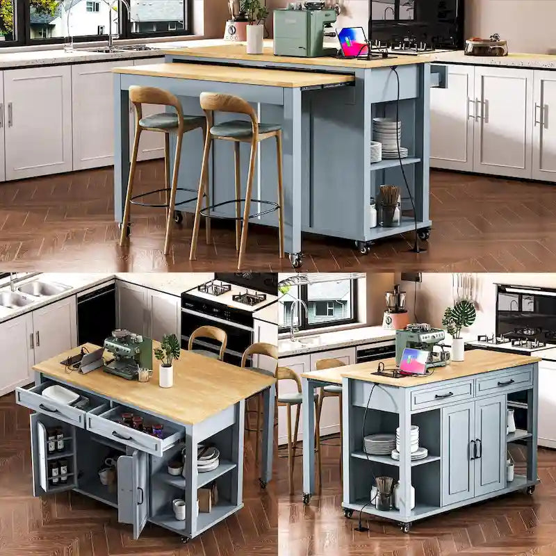 Îlot de cuisine extensible à roulettes, desserte mobile de cuisine, meuble-bar avec rangement intérieur, 2 tiroirs et 2 placards