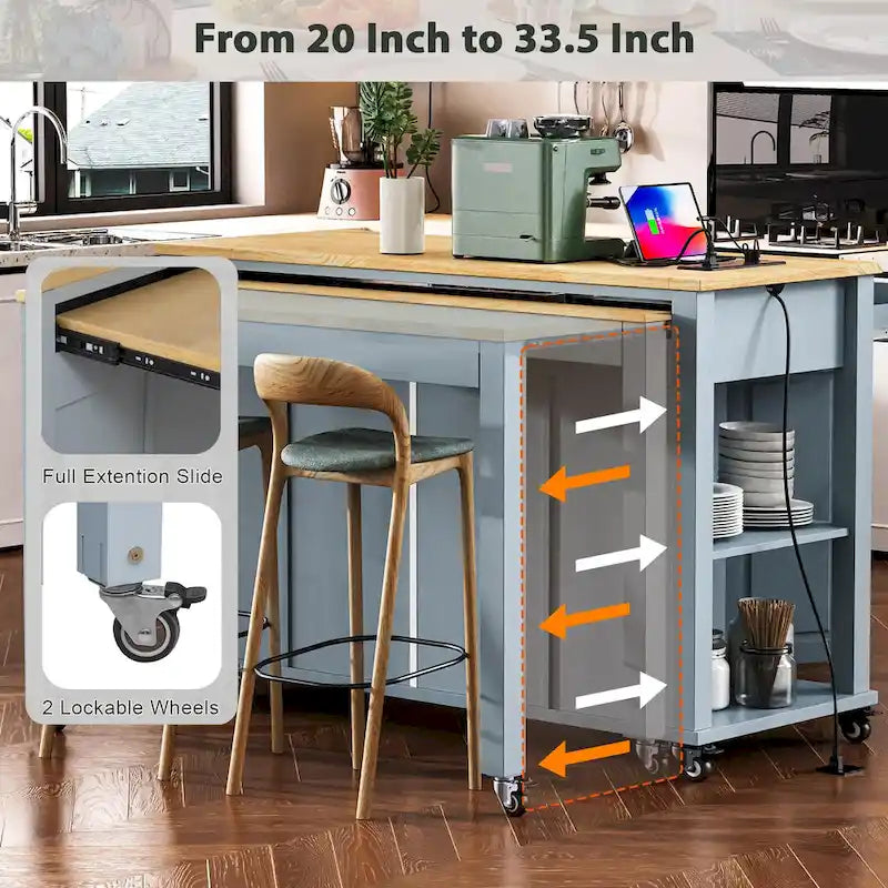 Îlot de cuisine extensible à roulettes, desserte mobile de cuisine, meuble-bar avec rangement intérieur, 2 tiroirs et 2 placards
