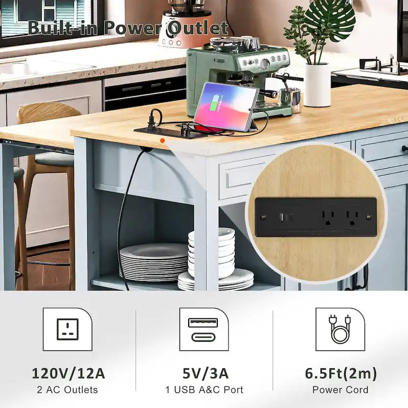 Îlot de cuisine extensible à roulettes, desserte mobile de cuisine, meuble-bar avec rangement intérieur, 2 tiroirs et 2 placards