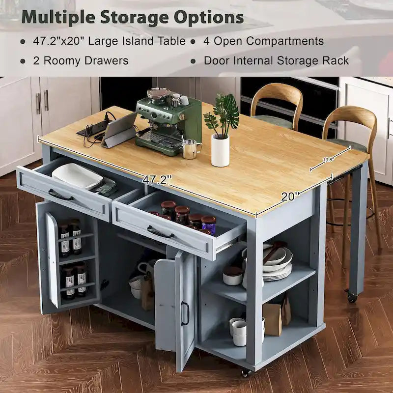 Îlot de cuisine extensible à roulettes, desserte mobile de cuisine, meuble-bar avec rangement intérieur, 2 tiroirs et 2 placards