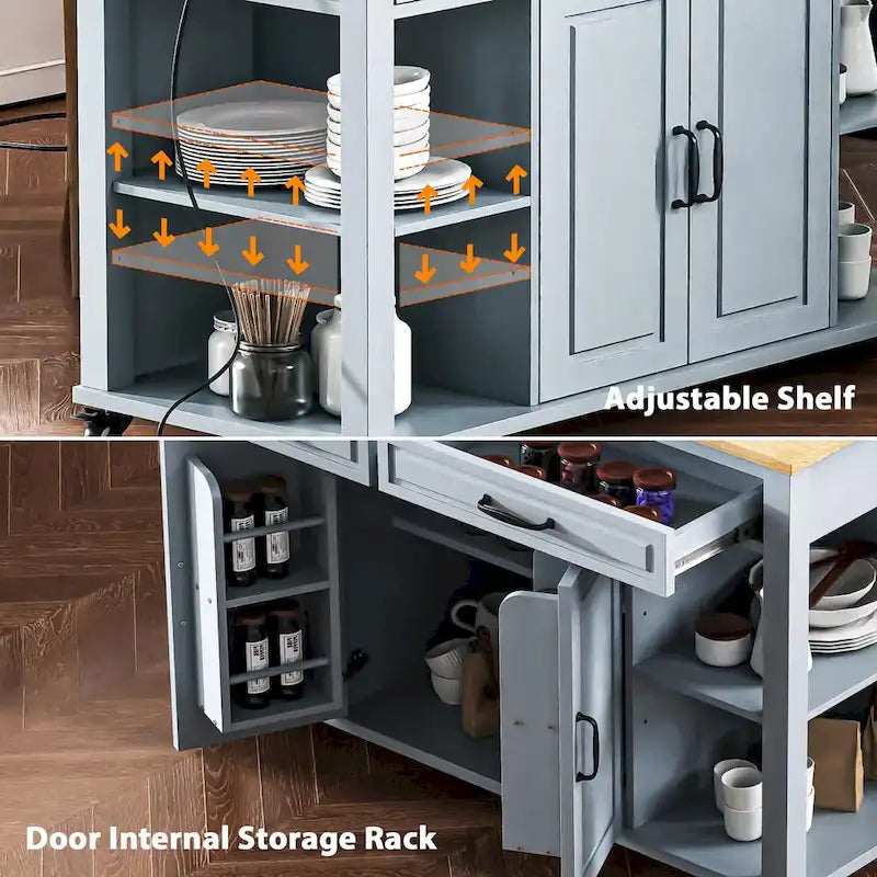Îlot de cuisine extensible à roulettes, desserte mobile de cuisine, meuble-bar avec rangement intérieur, 2 tiroirs et 2 placards