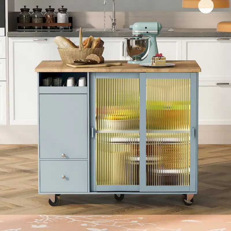 Carrito de isla de cocina con luces LED, barra de desayuno con ala abatible y ruedas, armario bar con 2 cajones, 2 puertas de vidrio y 1 compartimento abatible