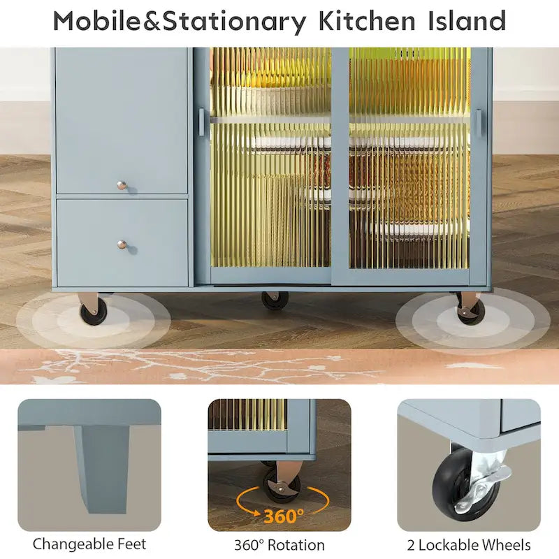 Carrito de isla de cocina con luces LED, barra de desayuno con ala abatible y ruedas, armario bar con 2 cajones, 2 puertas de vidrio y 1 compartimento abatible
