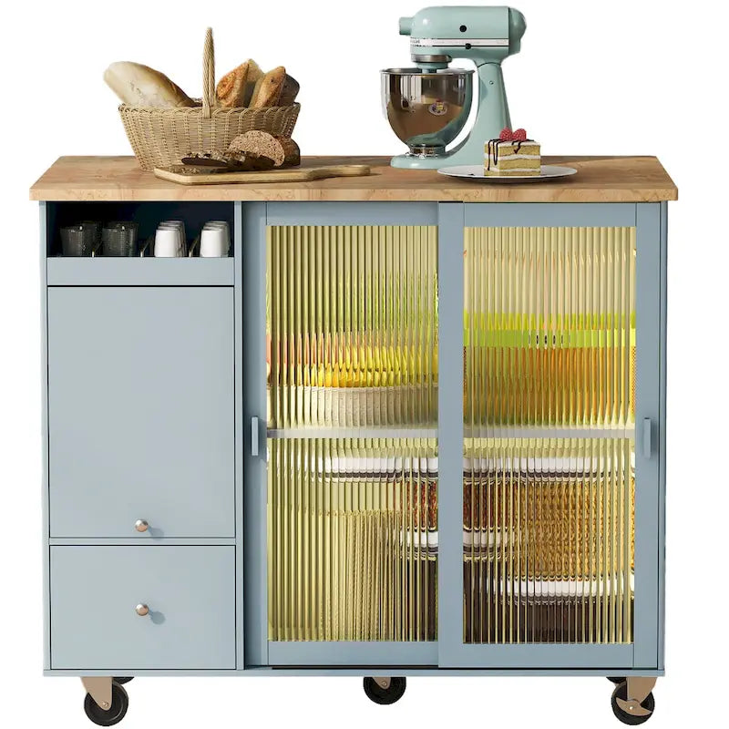 Desserte d’îlot de cuisine avec éclairage LED, comptoir de petit-déjeuner à rallonge rabattable sur roulettes, meuble-bar avec 2 tiroirs, 2 portes en verre et 1 placard à abattant