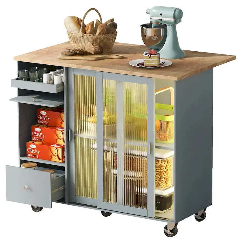 Desserte d’îlot de cuisine avec éclairage LED, comptoir de petit-déjeuner à rallonge rabattable sur roulettes, meuble-bar avec 2 tiroirs, 2 portes en verre et 1 placard à abattant