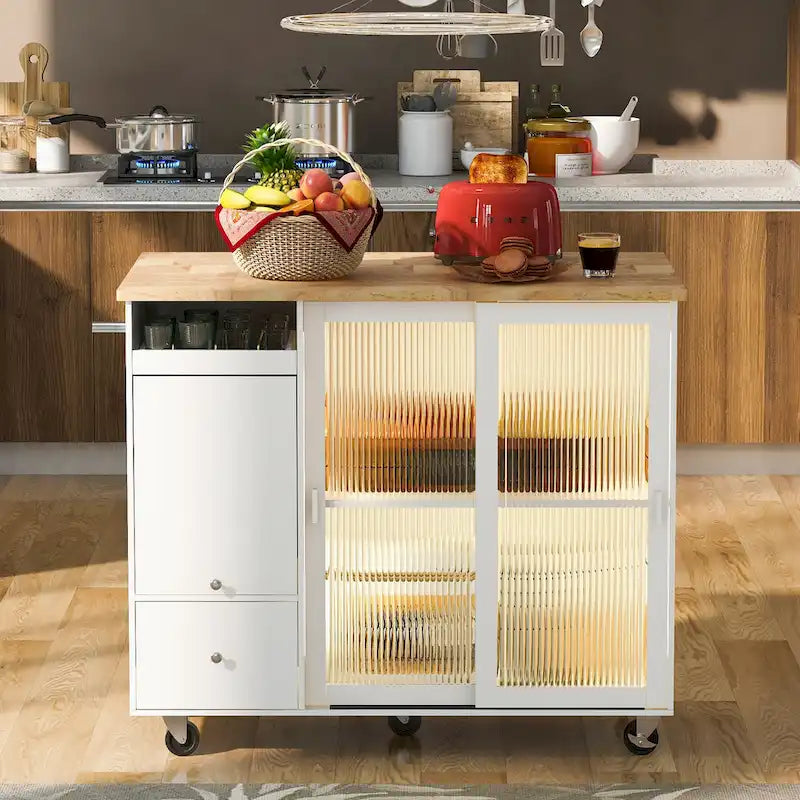 Desserte d’îlot de cuisine avec éclairage LED, comptoir de petit-déjeuner à rallonge rabattable sur roulettes, meuble-bar avec 2 tiroirs, 2 portes en verre et 1 placard à abattant