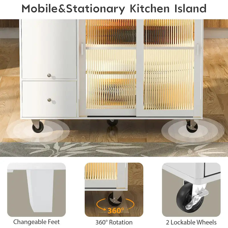 Desserte d’îlot de cuisine avec éclairage LED, comptoir de petit-déjeuner à rallonge rabattable sur roulettes, meuble-bar avec 2 tiroirs, 2 portes en verre et 1 placard à abattant