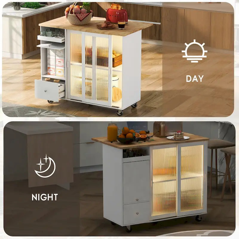 Desserte d’îlot de cuisine avec éclairage LED, comptoir de petit-déjeuner à rallonge rabattable sur roulettes, meuble-bar avec 2 tiroirs, 2 portes en verre et 1 placard à abattant