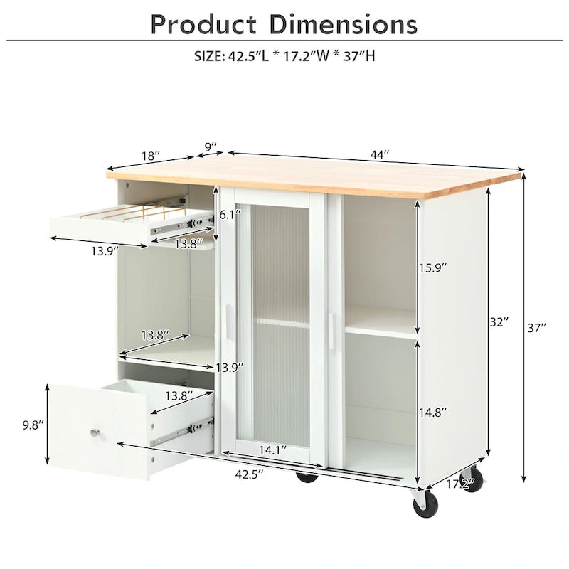 Desserte d’îlot de cuisine avec éclairage LED, comptoir de petit-déjeuner à rallonge rabattable sur roulettes, meuble-bar avec 2 tiroirs, 2 portes en verre et 1 placard à abattant
