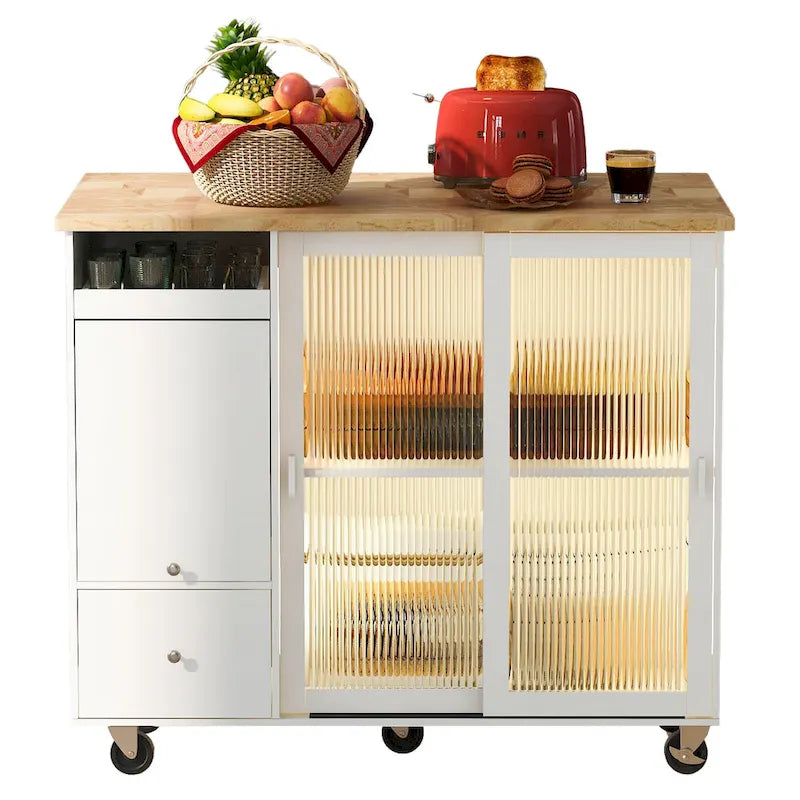 Desserte d’îlot de cuisine avec éclairage LED, comptoir de petit-déjeuner à rallonge rabattable sur roulettes, meuble-bar avec 2 tiroirs, 2 portes en verre et 1 placard à abattant