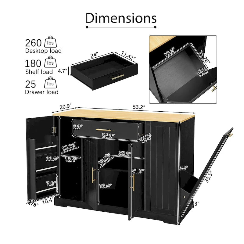 Isla de cocina con soporte extraíble para cubo de basura, mesa móvil con cajón, estantes ajustables y estantes laterales abiertos de 3 niveles