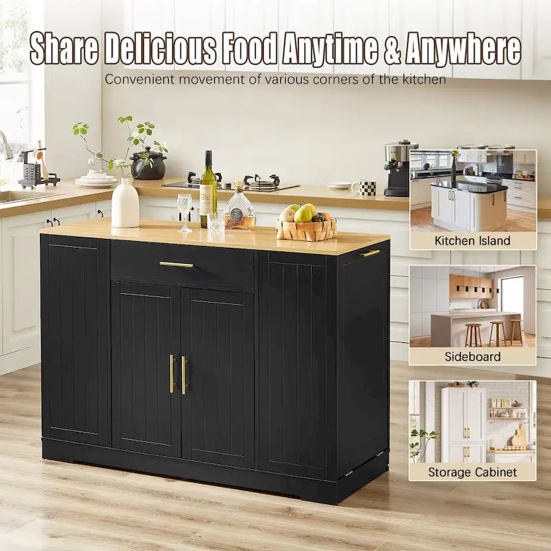 Isla de cocina con soporte extraíble para cubo de basura, mesa móvil con cajón, estantes ajustables y estantes laterales abiertos de 3 niveles