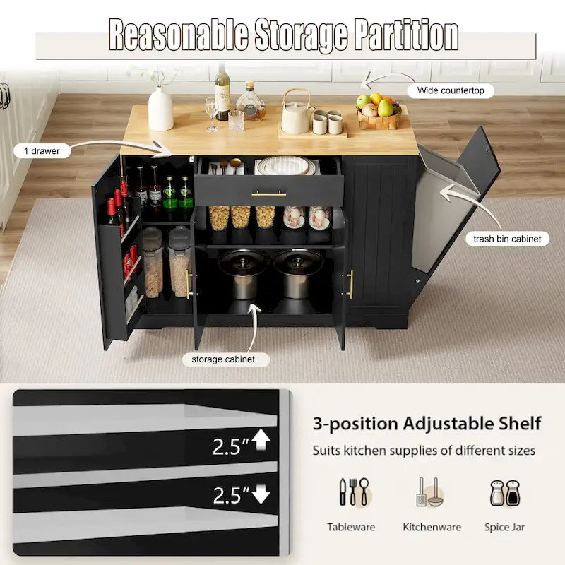 Isla de cocina con soporte extraíble para cubo de basura, mesa móvil con cajón, estantes ajustables y estantes laterales abiertos de 3 niveles