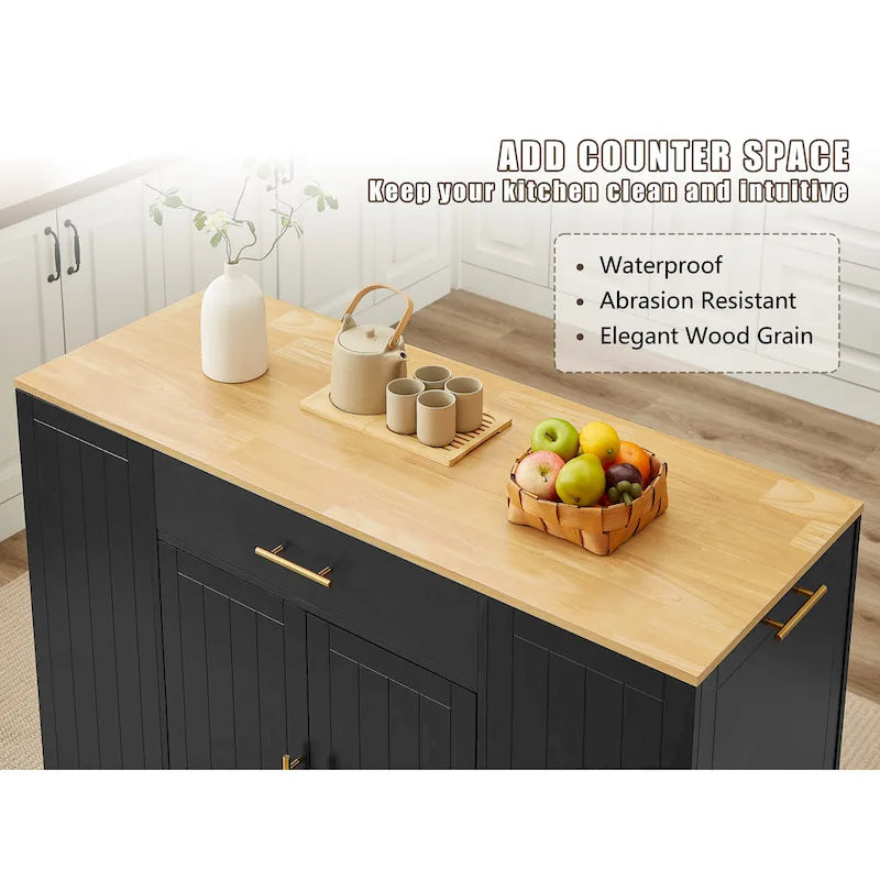 Isla de cocina con soporte extraíble para cubo de basura, mesa móvil con cajón, estantes ajustables y estantes laterales abiertos de 3 niveles