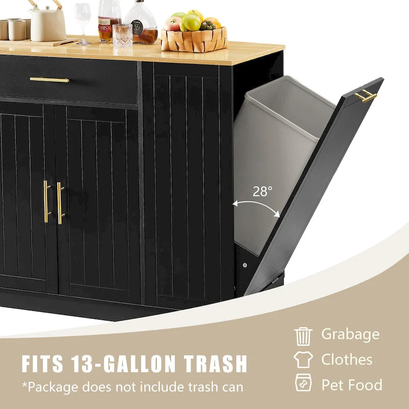 Isla de cocina con soporte extraíble para cubo de basura, mesa móvil con cajón, estantes ajustables y estantes laterales abiertos de 3 niveles