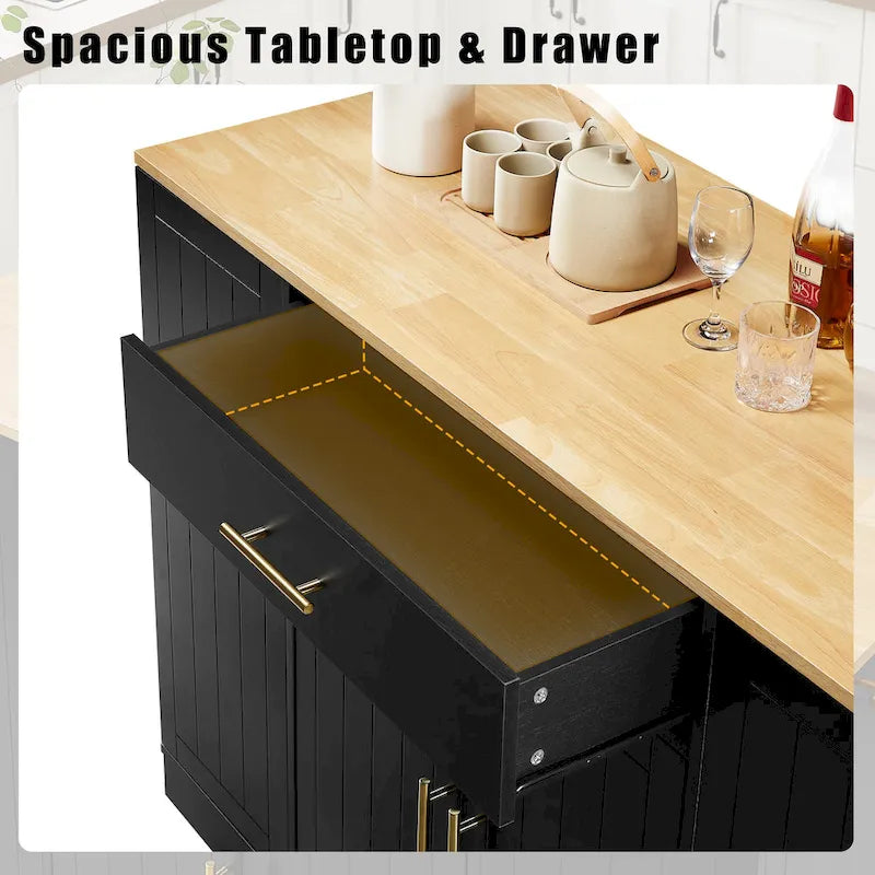 Isla de cocina con soporte extraíble para cubo de basura, mesa móvil con cajón, estantes ajustables y estantes laterales abiertos de 3 niveles