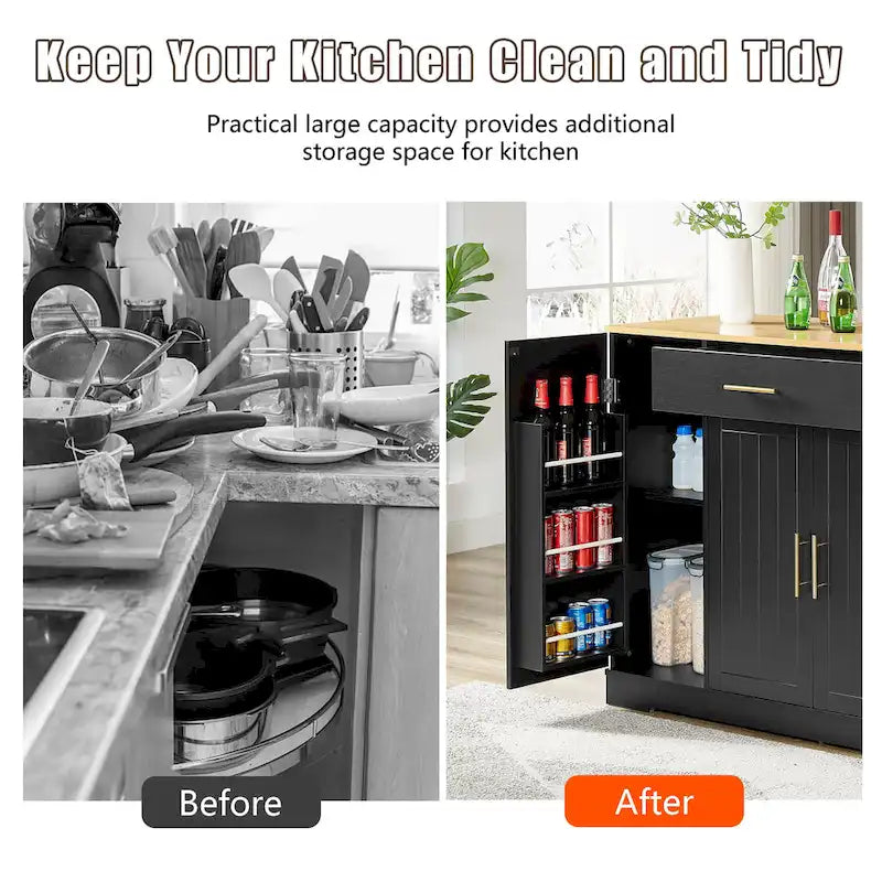 Isla de cocina con soporte extraíble para cubo de basura, mesa móvil con cajón, estantes ajustables y estantes laterales abiertos de 3 niveles