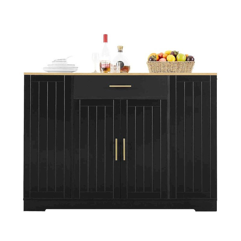 Isla de cocina con soporte extraíble para cubo de basura, mesa móvil con cajón, estantes ajustables y estantes laterales abiertos de 3 niveles