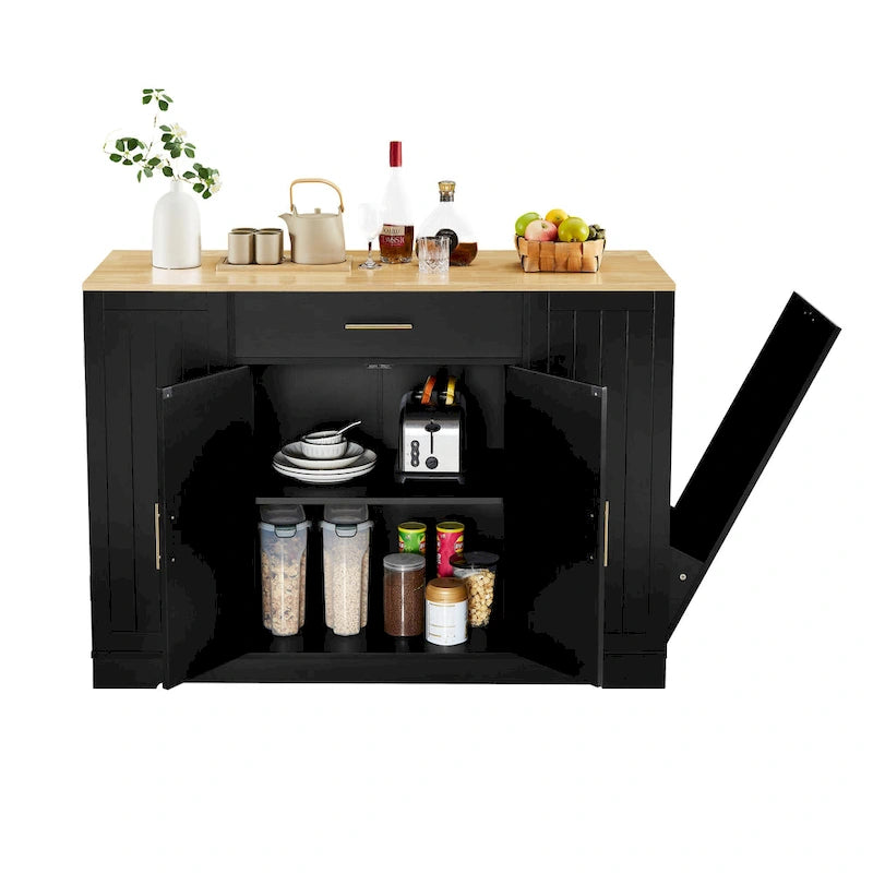 Isla de cocina con soporte extraíble para cubo de basura, mesa móvil con cajón, estantes ajustables y estantes laterales abiertos de 3 niveles
