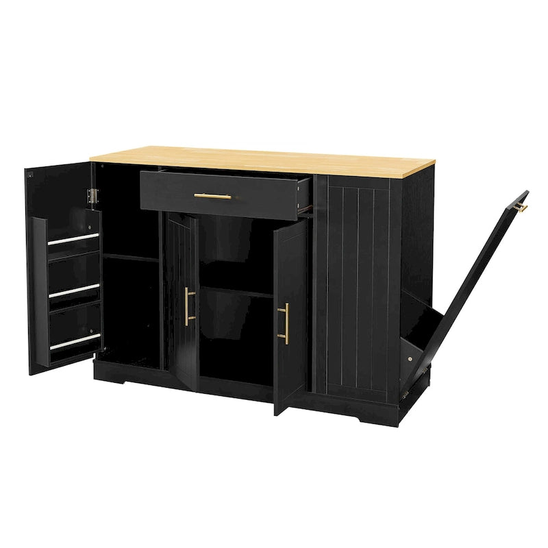Isla de cocina con soporte extraíble para cubo de basura, mesa móvil con cajón, estantes ajustables y estantes laterales abiertos de 3 niveles