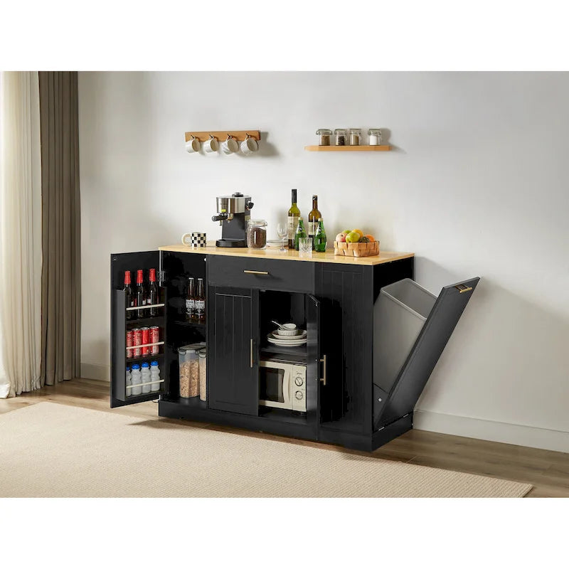 Isla de cocina con soporte extraíble para cubo de basura, mesa móvil con cajón, estantes ajustables y estantes laterales abiertos de 3 niveles
