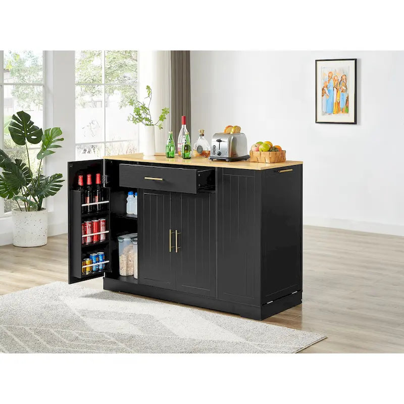 Isla de cocina con soporte extraíble para cubo de basura, mesa móvil con cajón, estantes ajustables y estantes laterales abiertos de 3 niveles