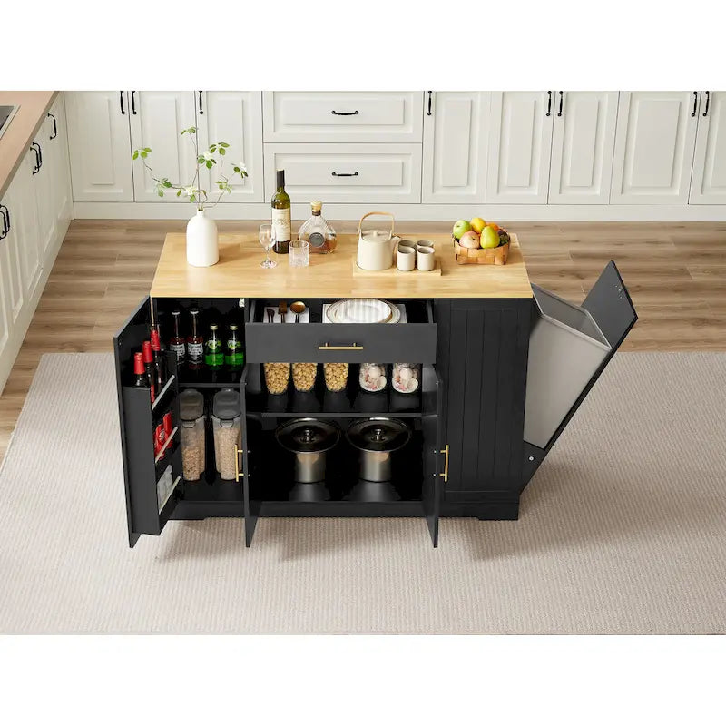 Isla de cocina con soporte extraíble para cubo de basura, mesa móvil con cajón, estantes ajustables y estantes laterales abiertos de 3 niveles
