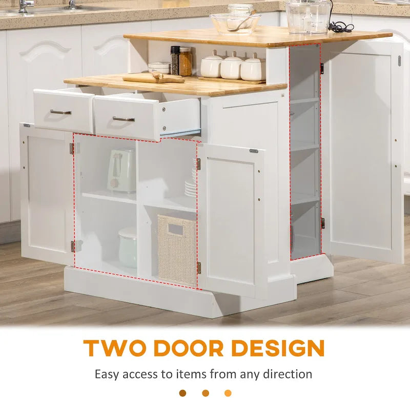 Isla de cocina con armario de almacenamiento y encimera de madera de caucho de 2 niveles, con estantes ajustables y cajones