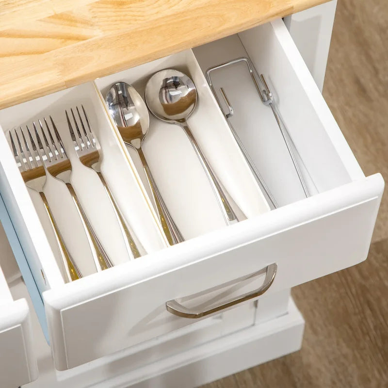 Isla de cocina con armario de almacenamiento y encimera de madera de caucho de 2 niveles, con estantes ajustables y cajones