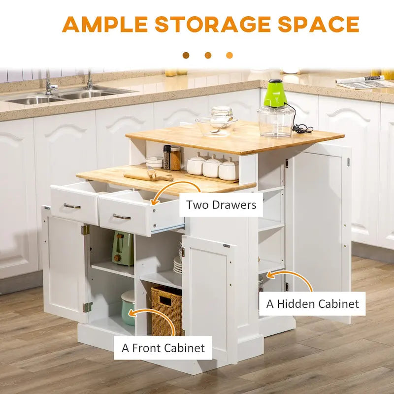 Isla de cocina con armario de almacenamiento y encimera de madera de caucho de 2 niveles, con estantes ajustables y cajones