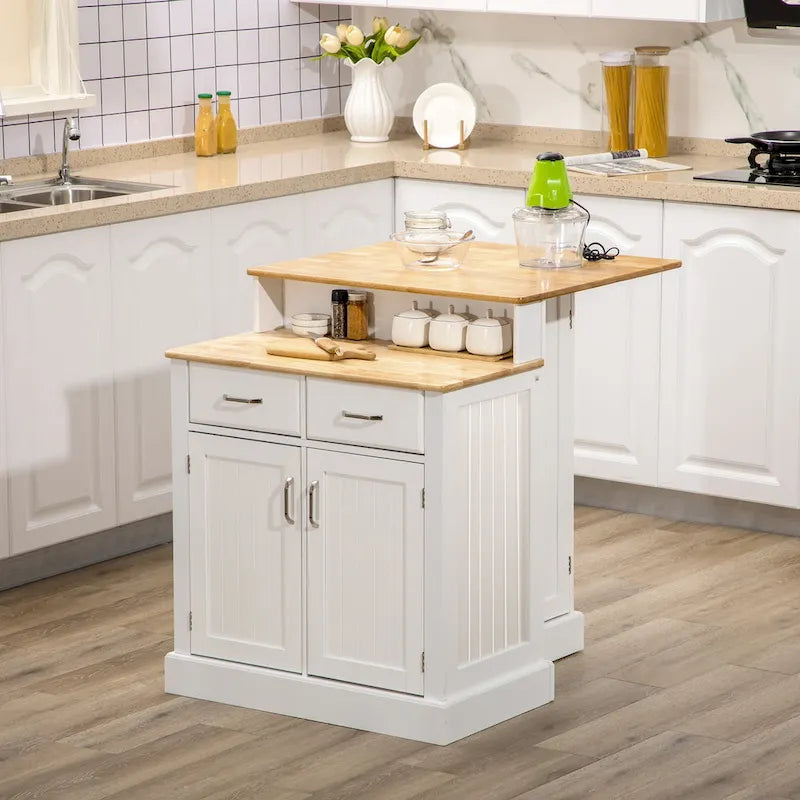 Isla de cocina con armario de almacenamiento y encimera de madera de caucho de 2 niveles, con estantes ajustables y cajones