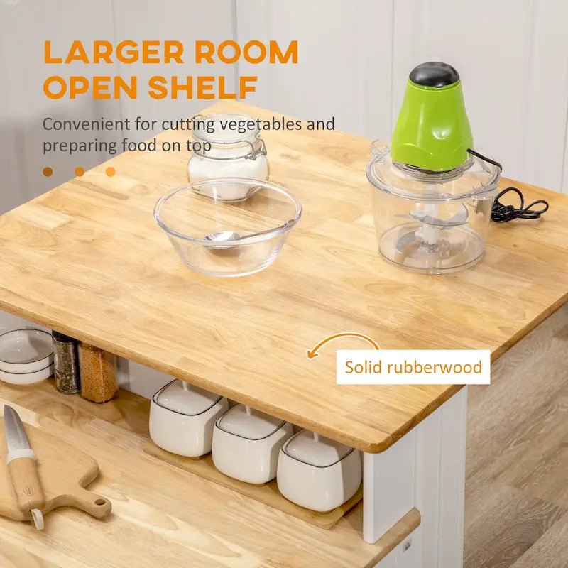 Isla de cocina con armario de almacenamiento y encimera de madera de caucho de 2 niveles, con estantes ajustables y cajones
