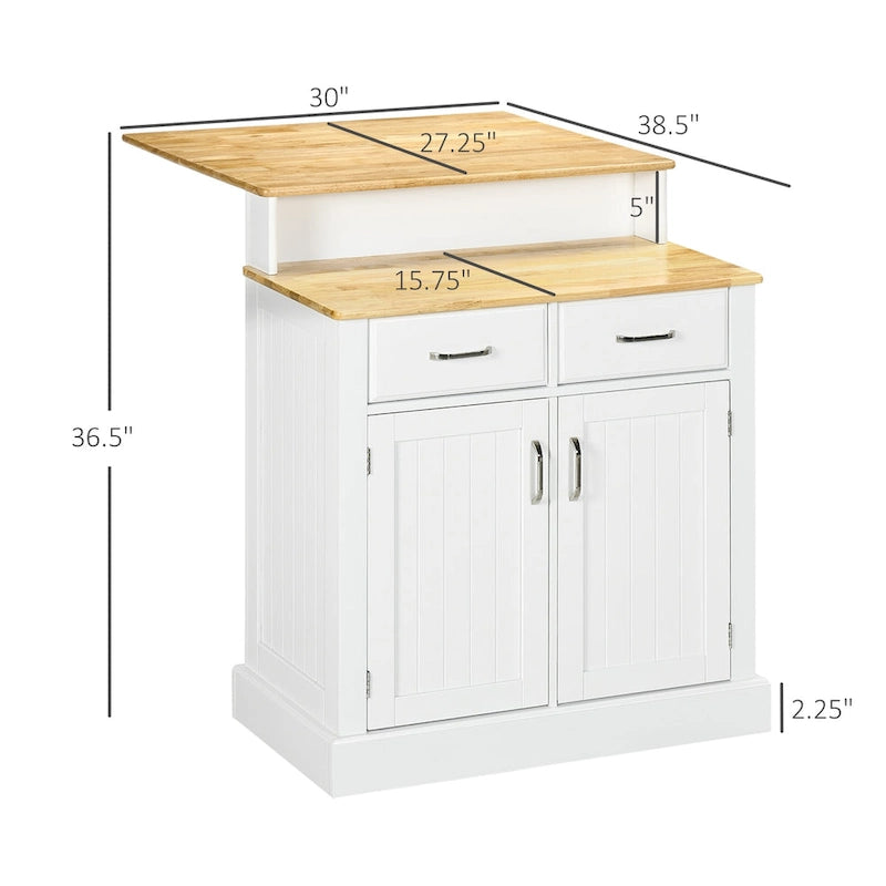 Isla de cocina con armario de almacenamiento y encimera de madera de caucho de 2 niveles, con estantes ajustables y cajones