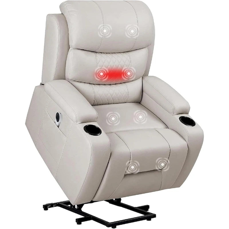 Fauteuil releveur électrique grand format avec massage et chauffage, cuir PU, port USB, porte-gobelets et poches